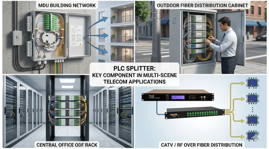 PLC splitter applications in MDU networks, outdoor cabinets, ODF racks, and CATV fiber distribution
