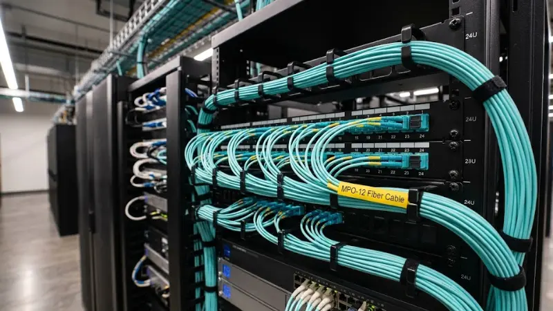MPO-12 fiber cable connected to high-density data center patch panels