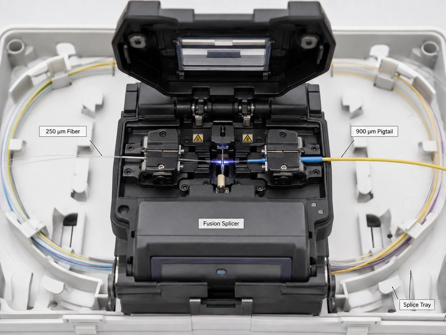 Precision optical fiber fusion splicer performing alignment connecting 250um fiber to 900um pigtail inside a splice tray Precision optical fiber fusion splicer performing alignment connecting 250um fiber to 900um pigtail inside a splice tray